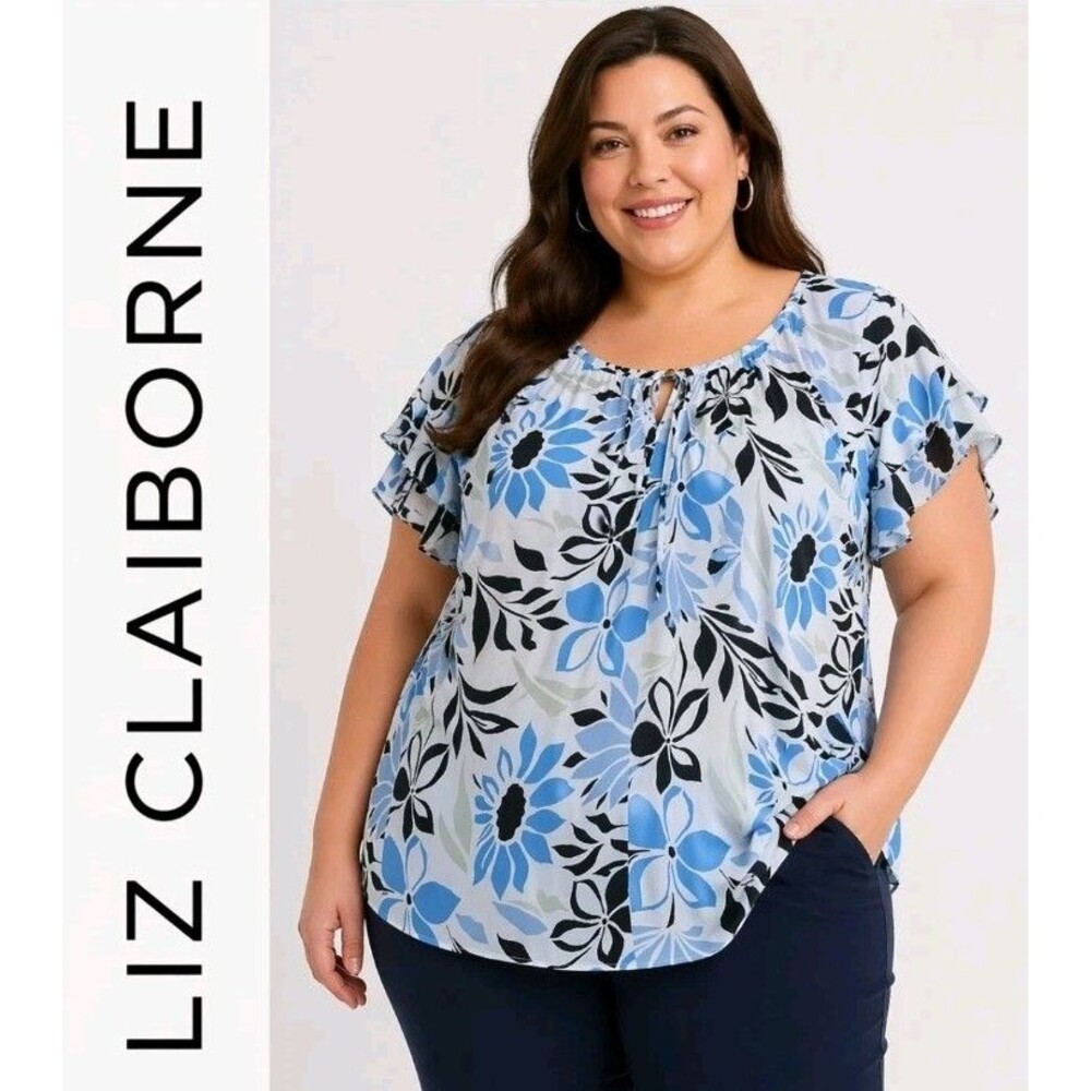 LIZ CLAIBORNE Women 0X Floral Tropical Keyhole Short Sleeve Ruffles Colorful Top